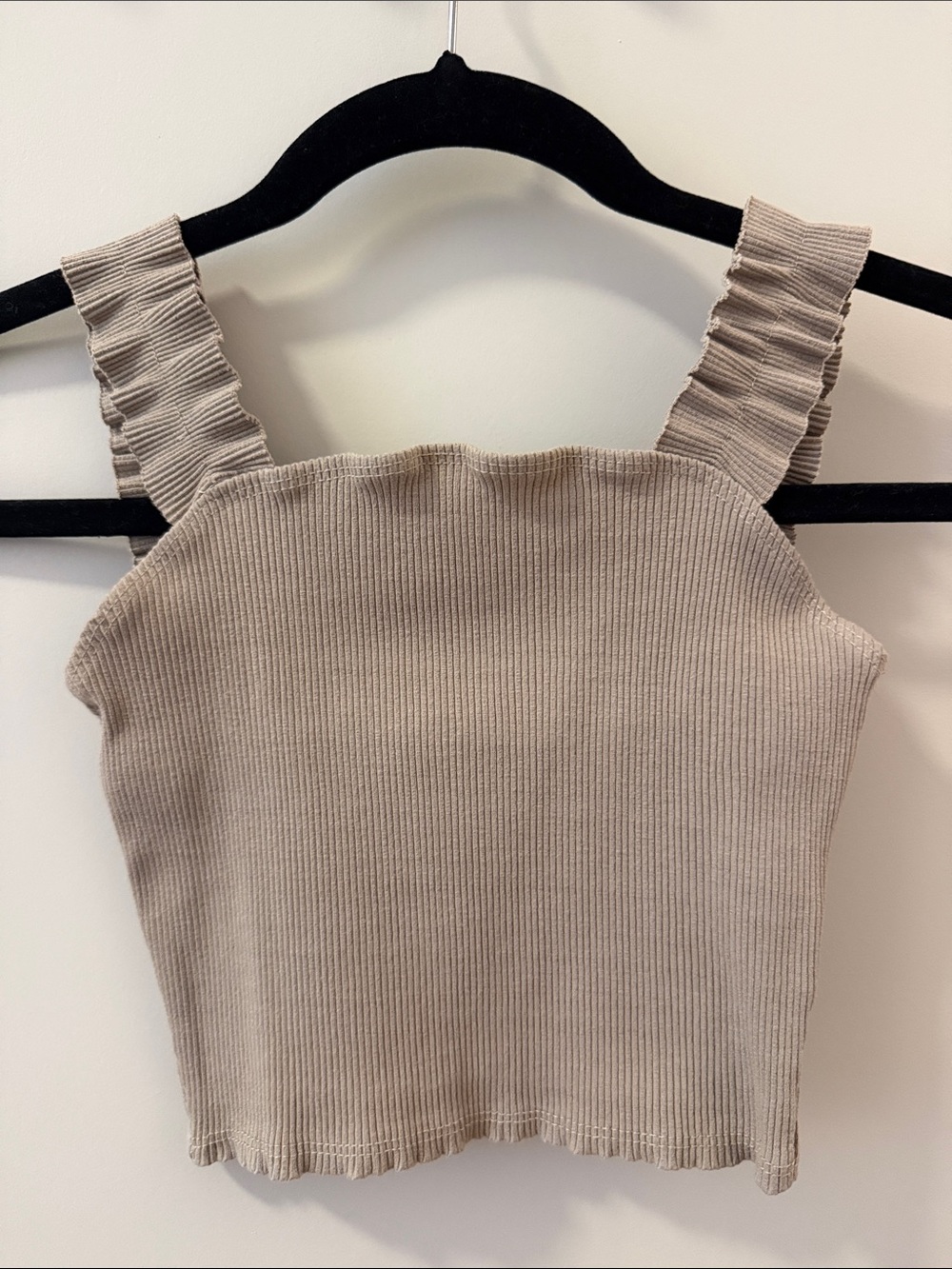 Ribbed Ruffle-Strap Crop Tank Top - Beige